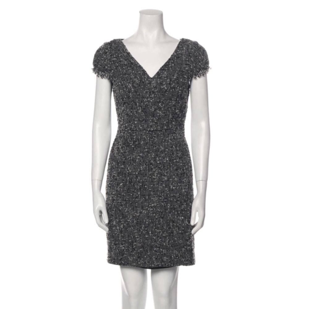 David Meister Gray Tweed Sheath Dress 12 V-neck Mini